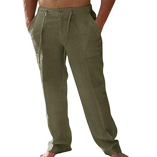 Herren Leinenhosen Hose Sommerhose Strandhose Tasche Kordelzug Einfach Komfort Atmungsaktiv Volle Länge Urlaub Täglich Ferien Hawaiianisch Boho Cachi scuro Schwarz Image
