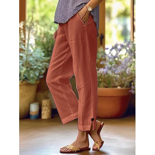 Damen Baumwoll Mischung Chinos Lässig Knöchellang Natürliche Taille Einfarbig Unelastisch Dunkelblau Weiß Rosa Dunkelmarine Sommer Herbst Lässiger Schnitt Image