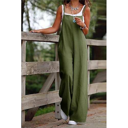 Damen Normal Jumpsuit in Leinenoptik Lässig Einfarbig Ärmellos U-Ausschnitt Tasche Straße Ausgehen Normale Passform Armeegrün Pudriges Rosa Rote Sommer Image