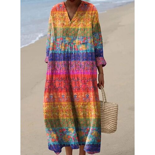 Damen Midi Kleid V-Ausschnitt Lange Ärmel Kaftan Leicht Lockerer Schnitt A-Linien Kleid Lässig Boho Ausgehen Grafisch Lange Ärmel V-Ausschnitt Gelb Pink Blau Braun Image