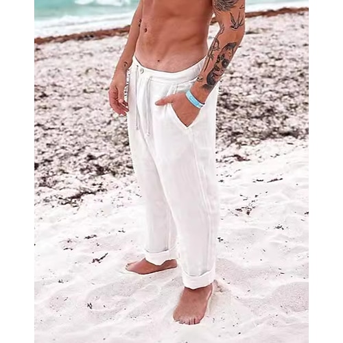 Herren Leinenhosen Hose Sommerhose Strandhose Tasche Kordelzug Einfach Komfort Atmungsaktiv Urlaub Täglich Ferien Hawaiianisch Boho Weiß Image