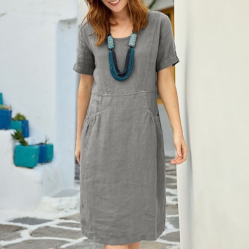 Damen Minikleid Baumwoll Mischung Shiftkleid Mode Basic Modern Täglich Urlaub Ausgehen Normale Passform Einfach Kurzarm Rundhalsausschnitt Gelb Orange Grün Grau Sommer Image