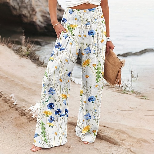 Damen Kunstbaumwollleinen Weites Bein Stoffhosen Streetwear Lässig Volle Länge Natürliche Taille Blumen Tasche Drucken Bequem Außenbereich Outdoor Urlaub Straße Rot orange Waldgrün Dunkelblau Image