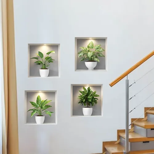 Autocollants muraux plantes vertes tropicales en pot, 4 pièces, pour chambre à coucher, salon,