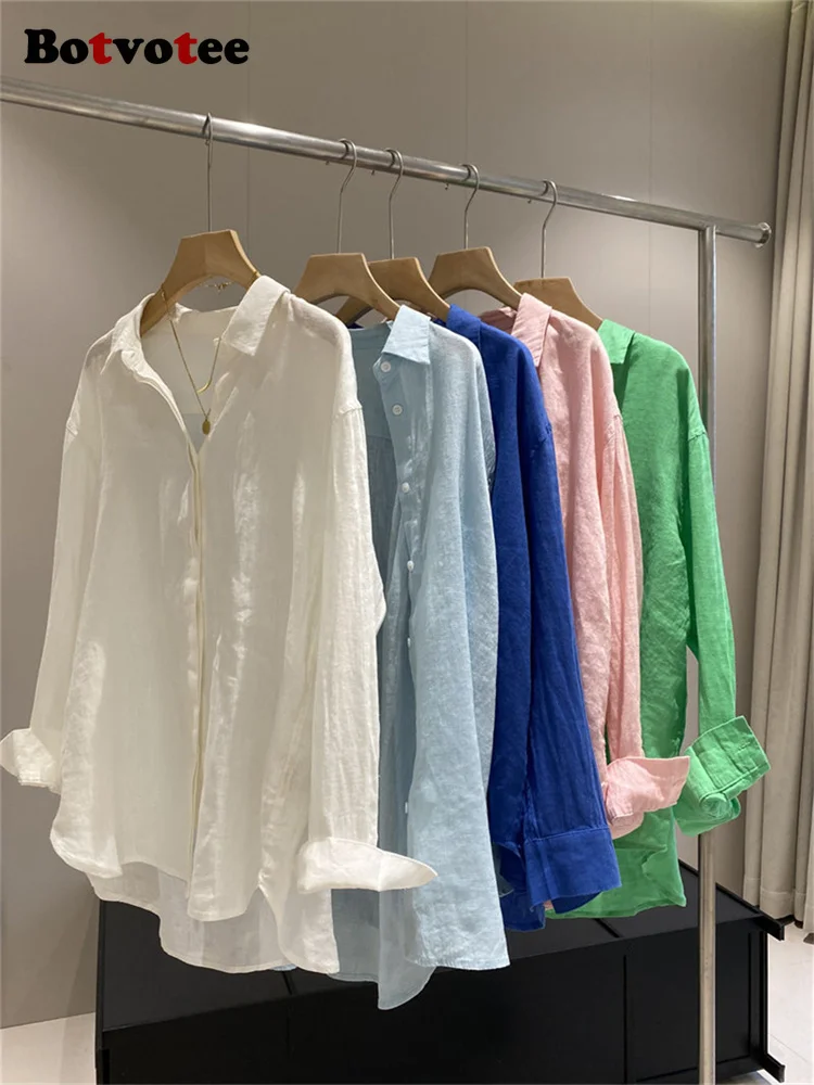 Botvotee Camicia da Donna in Lino Bianco Leggero Manica Lunga Elegante Camicetta Oversize Vintage Primavera Estate Top Camicia in Lino di Cotone