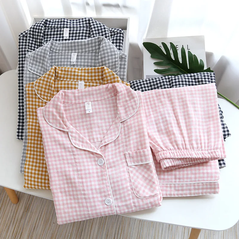 Pyjama de Couple Japonais, Pantalon à Manches sulf, Ensemble Deux Pièces, 100% Coton, Service à Domicile Simple à Carreaux, pour Homme et Femme, Nouvelle Collection