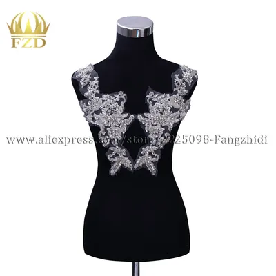 FZD 1 Pair Crystal Beaded Embroidery Patches White Pearl Beds Trimming for Wedding Dresses Bridal
