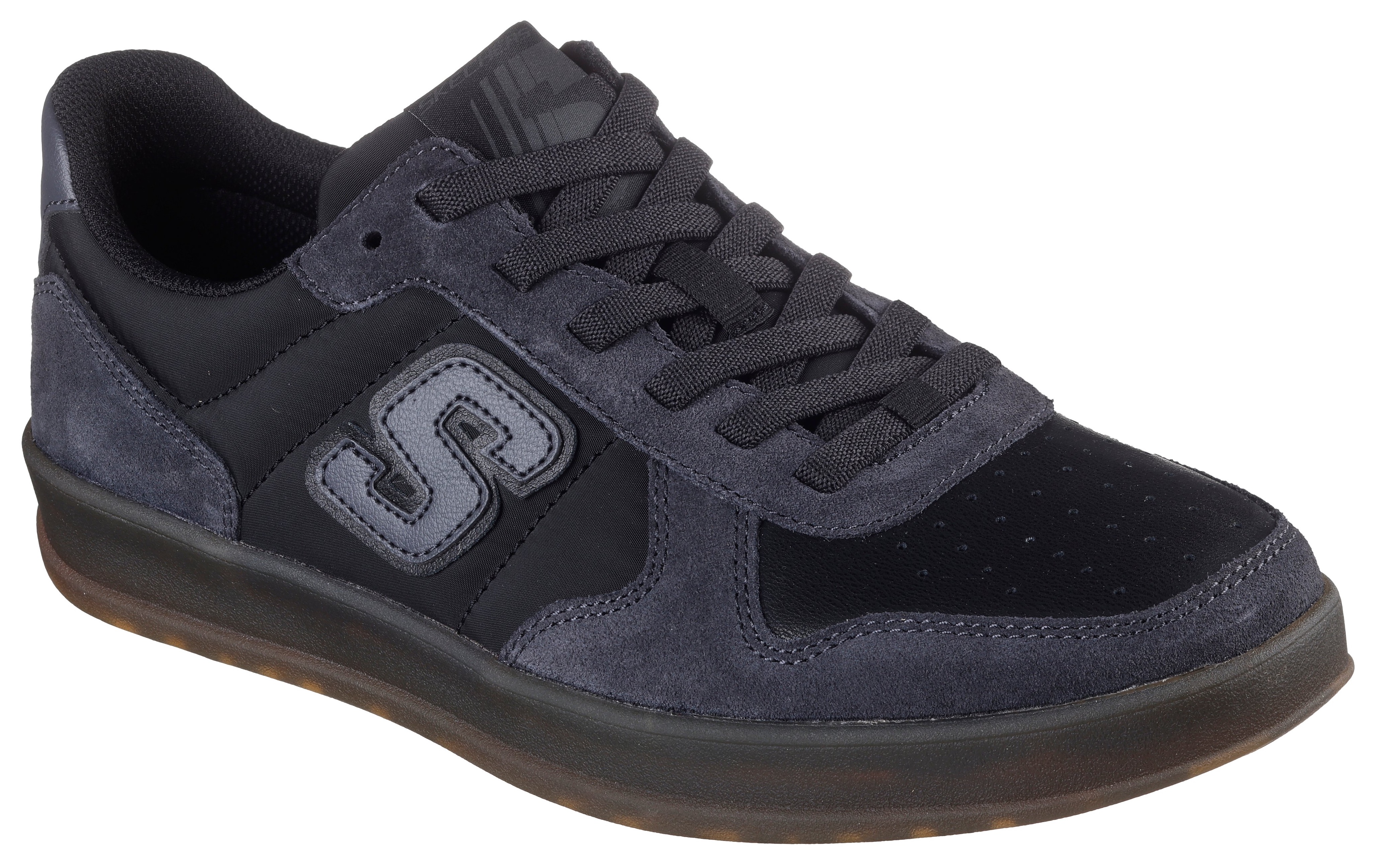 Slip-On Sneaker SKECHERS "NEW WAVE CUP-CALVEN", Herren, Gr. 43, schwarz (schwarz, grau), Lederimitat, Textil, Veloursleder, Schuhe, Retro Sneaker, Schnürschuh mit Gummizug