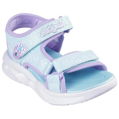Sandale SKECHERS "SOLA GLOW SANDAL", Kinder, Gr. 31, bunt (hellblau, lavendel), Lederimitat, Textil, kontrastfarbene Details, Glitzer, casual, Schuhe, Klettschuh, mit Glitzer, Blinkfunktion, Größenschablone zum Download Image