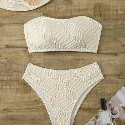 TEMU Admyyrol Women's Stripe Pattern Bikini Set, Polyester 95% Elastane 5% Knitted Fabric, Medium Stretch, Sleeveless, Knotted Detail, Conventional Bottom, 280gsm Top, 100gsm Lining, No Belt Image