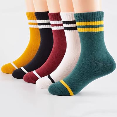 TEMU 5 Pairs Of Classic Striped Socks For Kids - Polyester Blend, Mid-calf Length, Machine Washable, , Everyday Socks | Classic Striped Design | Knit Construction, Socks For Kids Image