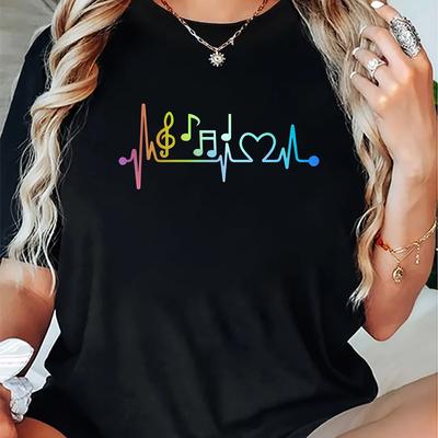 TEMU Women's Casual Sports T-shirt, Round Neck, Short Sleeve, Colorful Musical Note Print Holiday Summer Top Image