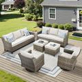 Feishominoo Patio Furniture Sets 7 Pieces Outdoor Patio Wicker Conversation Sets with Rocking Glider Chairs Ottomans Wicker Sectional Sofas Side Table for Outside Porch Poolside Deck Beige Cushions