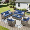 Feishominoo Patio Furniture Sets 7 Pieces Outdoor Patio Wicker Conversation Sets with Rocking Glider Chairs Ottomans Wicker Sectional Sofas Side Table for Outside Porch Poolside Deck Navy Cushions