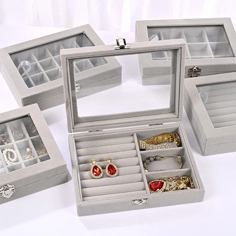4-Farben-Samt-Schmuckschatulle, Halskette, Ring, Aufbewahrungsorganisator, Reise-Schmuck-Organizer mit Glasdeckel oben, für Frauen und Mädchen, Geschenk Image