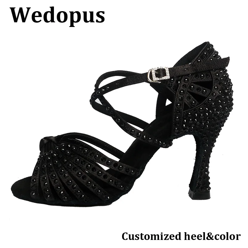 Wedopus Mode Latin Dance Schuhe für Frauen Ballsaal Kristall Perle Tanzen Schuhe Salsa Tanz Schuhe Schwarz Farbe Größe 33-44