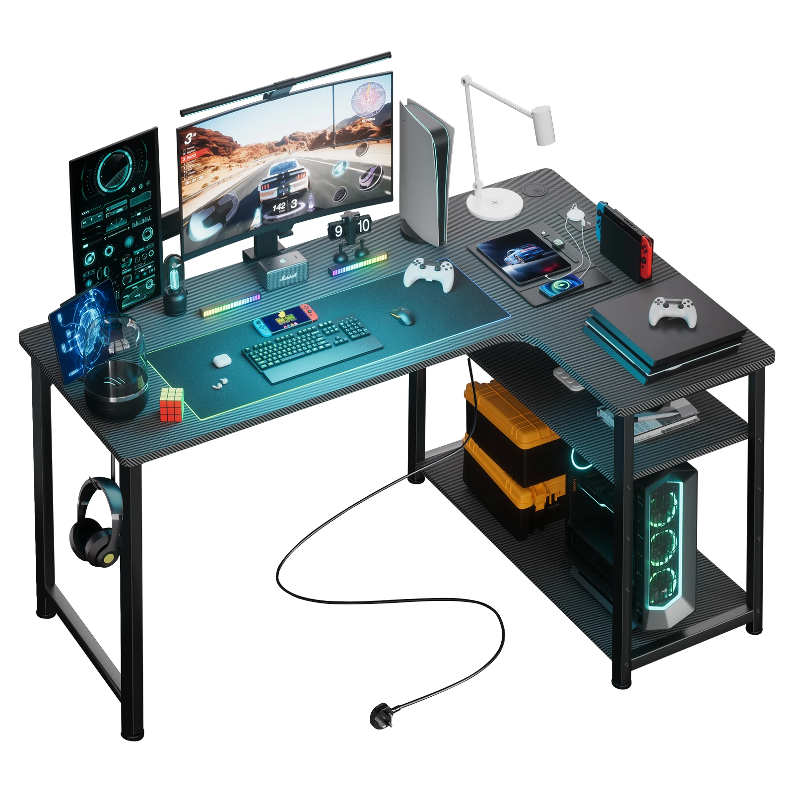 COMHOMA Schreibtisch Gaming Tisch mit Regal, Eckschreibtisch mit USB-Ladeanschluss und Steckdose, 120cm Computertisch L Form, PC Image