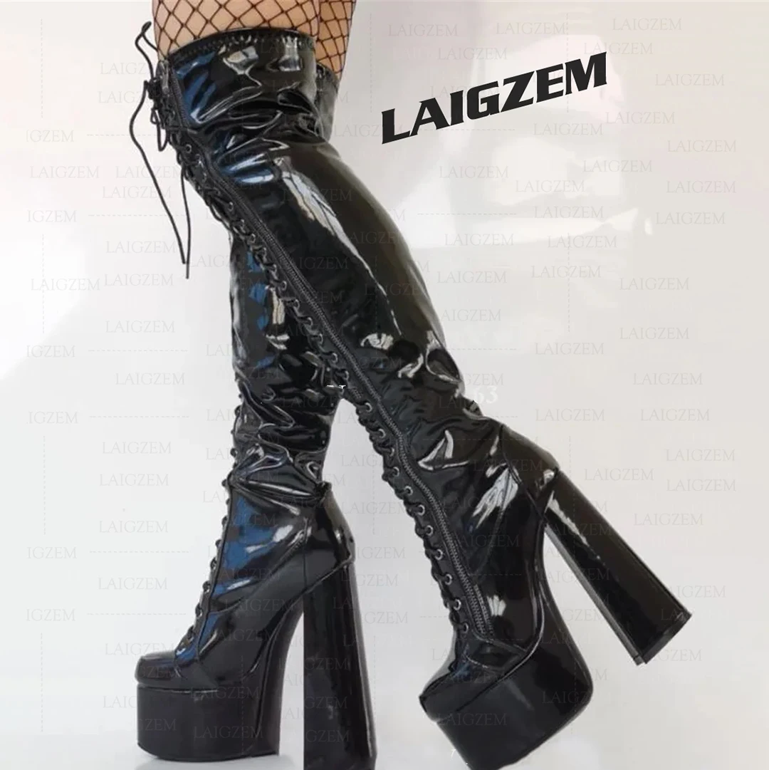 ZHIMA Damen-Overknee-Plateaustiefel, glänzend, glänzend, durchgehender Reißverschluss, dicker Block, High Heels, Stiefel, Damenschuhe, große Größe 40, 45, 52