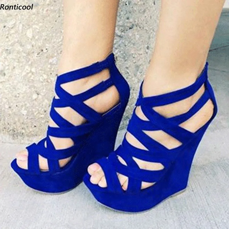 Ronticool Handmade Women Summer Sandals Hollow Out Wedges High Heels Open Toe Black Blue Red Casual Shoes Size 38 47 52