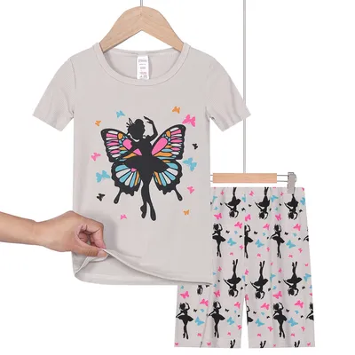 Enges Pyjama-Set für Mädchen mit kurzen Ärmeln und Shorts im grauen Schmetterlingsdesign, geeignet für Mädchen im Alter von 3–9 Jahren Image