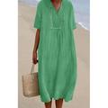 Per donna Abito Midi Abiti in cotone e lino Abito in cotone e lino Moda Classico Moderno Vacanza Quotidiano Ferie Vestibilità regolare Semplice Manica Corta Scollo a V Verde chiaro Rosa Blu Verde