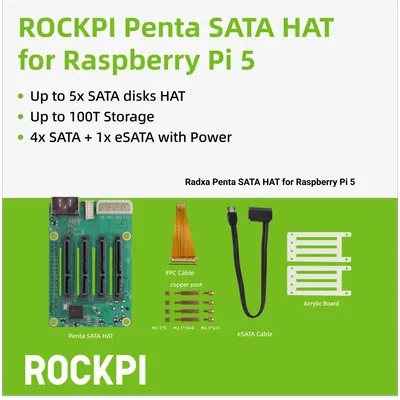 ROCKPI Penta SATA HAT - Up to 5x SATA disks HAT for Raspberry Pi 5 and ROCK Pi SBCs,3C,5A, 4A / 4B