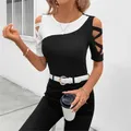 2025 Camicette moda estiva Donna Camicie slim incrociate classiche a contrasto di colore Casual Girocollo Manica corta Scava fuori Top da strada