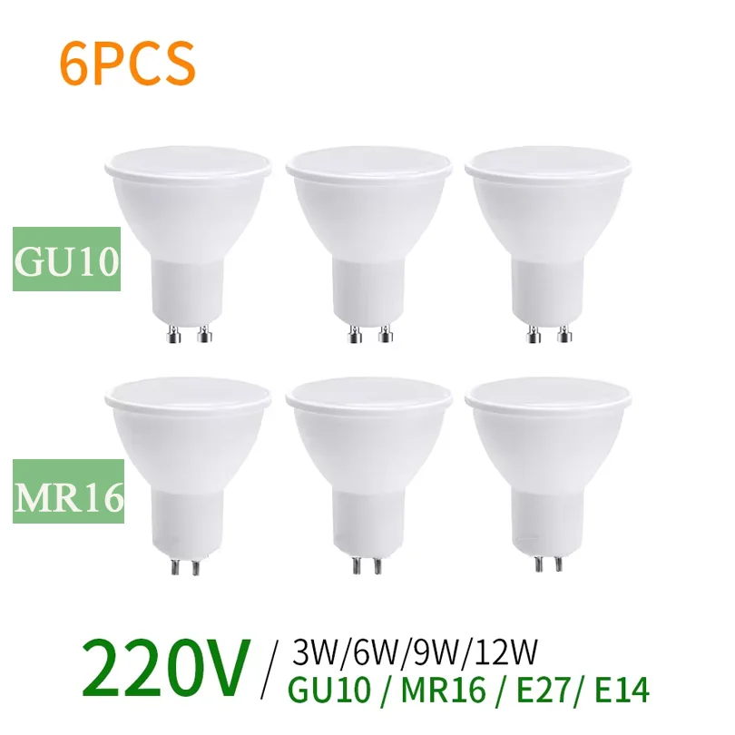 6PCS GU10 Lampadina a Led 220V MR16 Lampada a mais E27 Spot Light LED Bombilla Lampara E14 Lampadina Illuminazione domestica 3W 6W 9W 12W lampadina a led