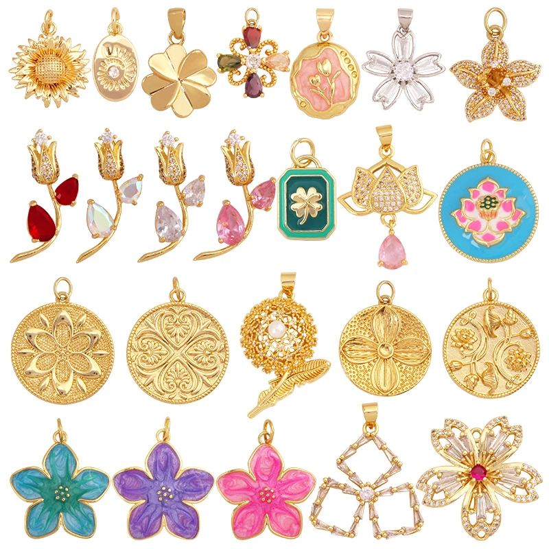 Ciondolo con ciondolo albero di trifoglio di loto con fiore rosa dolce e colorato alla moda, forniture di risultati di gioielli con zirconi placcati in oro reale 18 carati S44