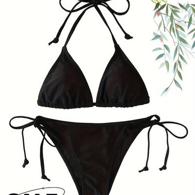 TEMU Women's Sexy Halter Neck Bikini Set - High Stretch Nylon 80% Spandex 20% Knit Fabric, Solid Color, Lace-up Detail, Sleeveless Swimwear With Side Laced Bottoms Image