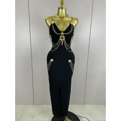 2025New High Quality New Black Chain Spaghetti Strap V-Neck Split Bandage Dress Bodycon Celebrity Club Party Long Dress Vestidos