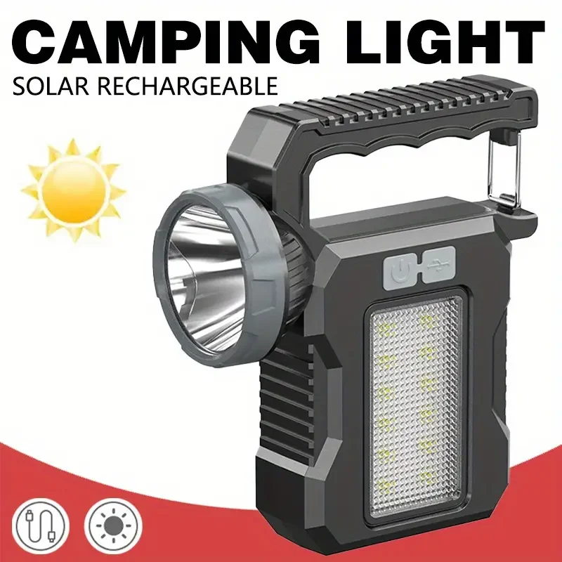 Tragbare leistungsstarke USB wiederaufladbare Taschenlampe Solar-LED-Licht mit COB-Arbeitslicht 4-Gang-Ladegerät Handy-Campinglampe
