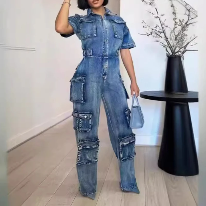 Overalls Frauen Overalls Ein Stück Jeans Mom Taschen Denim Strampler Casual Solide Cargo Hosen Hohe Taille Kurzarm Streetwear Image