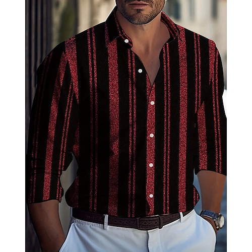 Herren Freizeithemd Strandhemd Knopfhemd Schwarz Gelb Wein Rote Blau Langarm Streifen und Karo Revers Urlaub Hawaiianisch Button-Down Bekleidung Polyester Mode Lässig Bequem Image