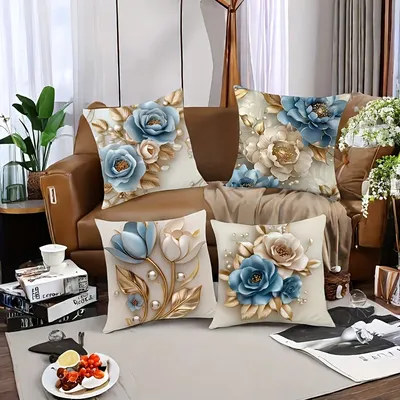 Kissenbezug im modernen Stil, blau, weiß, florales Perlen-Design, quadratisch, goldfarbene Akzente, Image