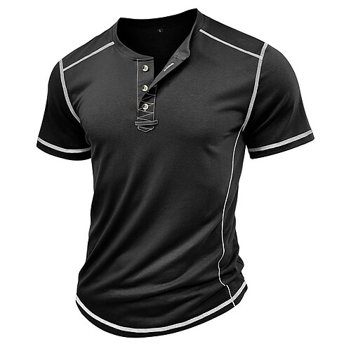 Herren T Shirt Henley Hemd T-Shirt Kurzarmshirt Kurzarm Rundhalsausschnitt Sommer Einfach Mode Designer Basic Rein Urlaub Straße Ausgehen Schwarz Weiß Dunkelmarine Top T-Shirt für Herren Image