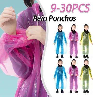 9-30Pcs Kids Raincoat with Drawstring Hood Disposable Rain Coats Plastic Rain Poncho for Outdoor