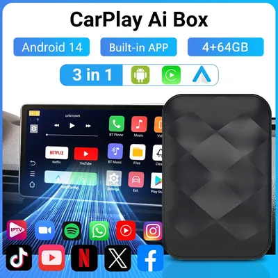 Android14 Wireless CarPlay&Android Auto 3in1 New CarPlay Ai Box 4Cores 4GB RAM+64GB ROM Plug and