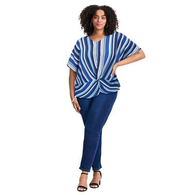 Plus Size Women's Knot Front Dolman Sleeve Blouse by Avenue in Blue Offset Stripe (Size 22/24)