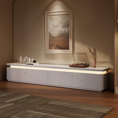 95" Modern TV Stand with Adjustable LED Lights, Long TV Console with Glossy Sintered Stone Tabletop, Drop-Down Doors & Drawers, Open Storage for Living Room, Perfect for 85 Inch TVs, Fully Assembled