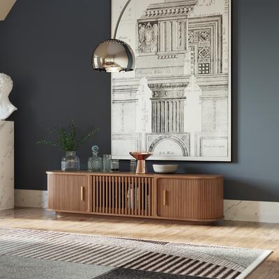 70.87"Mid-Century Modern Tambour Door TV Stand, Walnut Color on the Ground TV Console, Ash Rolling Door Media Console
