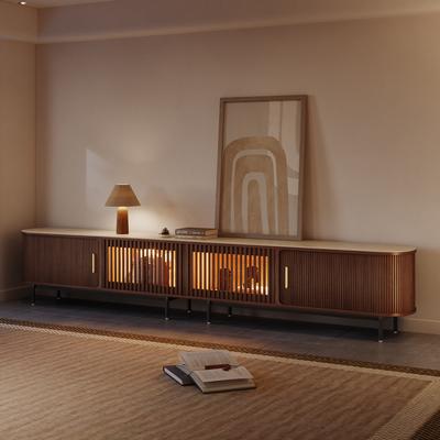 118.11" Mid-Century Modern Walnut TV Stand with White Matte Travertine Stone Tabletop and LED Lights, Walnut Color Tambour Door Media Console, Rolling Door TV Console