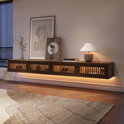 94" Mid-Century Floating TV Console with Adjustable LED Lights, Wall Mount TV Stand for 85-Inch TVs, TV Cabinet with Storage, Walnut Color TV Stand for Living Room