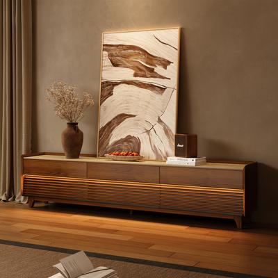 94.49" Mid-Century Matte Travertine Stone Tabletop TV Stand with Legs, Modern Entertainment Center, Walnut Color Cabinet with Adjustable Light, Perfect for 85-inch TVs