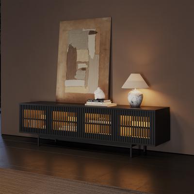 78.74"Mid-Century Modern Slatted TV Stand with LED Lights,,Black TV Console with Storage, Media Console with Metal Legs,LED TV Stand