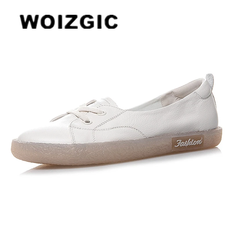 WOIZGIC frauen Damen Weibliche Mutter Echtem Leder Weiße Schuhe Wohnungen Retro Spitze Up Non Slip Koreanische Größe 34-41 JZ-19211