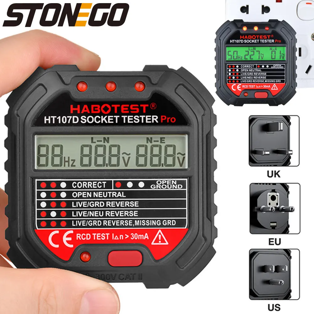 STONEGO HT107 Steckdosentester Pro Spannungsprüfer RCD 5/30mA Detektor Erdung Neutralstecker Polarität Phasenprüfer Elektrowerkzeug Image
