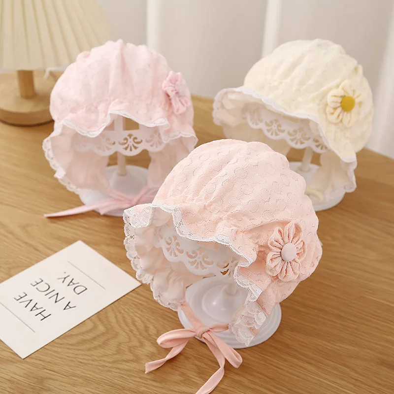 Nette Blume Rüschen Baby Hut Frühling Sommer Weiche Baumwolle Infant Prinzessin Kappe Einfarbig Floral Kinder Junge Mädchen Schnürung Motorhaube Image