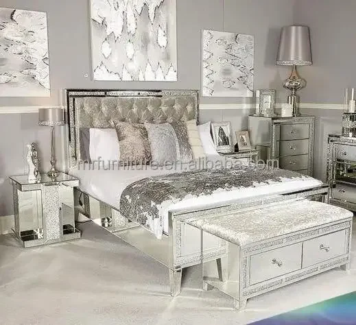 Moderne Luxus-Schlafzimmermöbel, Queen-/King-Size-Bett, glitzerndes, gespiegeltes Bettgestell mit zerkleinerten Diamanten für Zuhause und Hotel Image