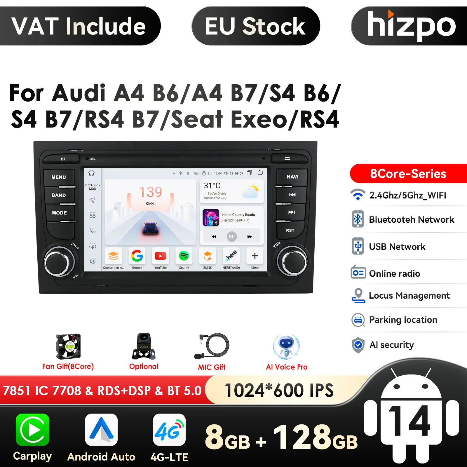 Ai 7862 system 2din android autoradio für audi a4 b6 b7 s4 rs4 für sitz exeo autoradio multimedia video player gps carplay 4g bt Image